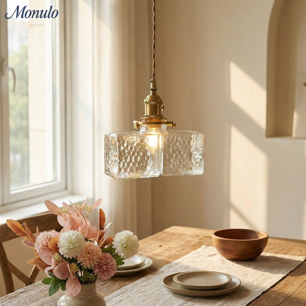 Vintage Pendelleuchte mit welligem Glas & Eisenfassung | Quadratisch/Rechteckig | Skandinavisches Design für Wohnzimmer - Lamylie