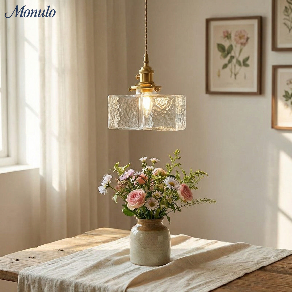Vintage Pendelleuchte mit welligem Glas & Eisenfassung | Quadratisch/Rechteckig | Skandinavisches Design für Wohnzimmer - Lamylie