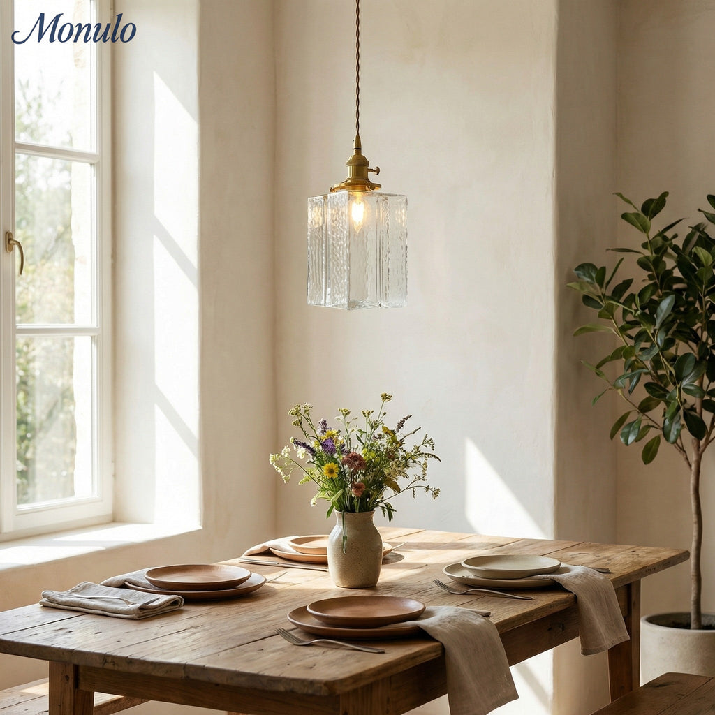 Vintage Pendelleuchte mit welligem Glas & Eisenfassung | Quadratisch/Rechteckig | Skandinavisches Design für Wohnzimmer - Lamylie