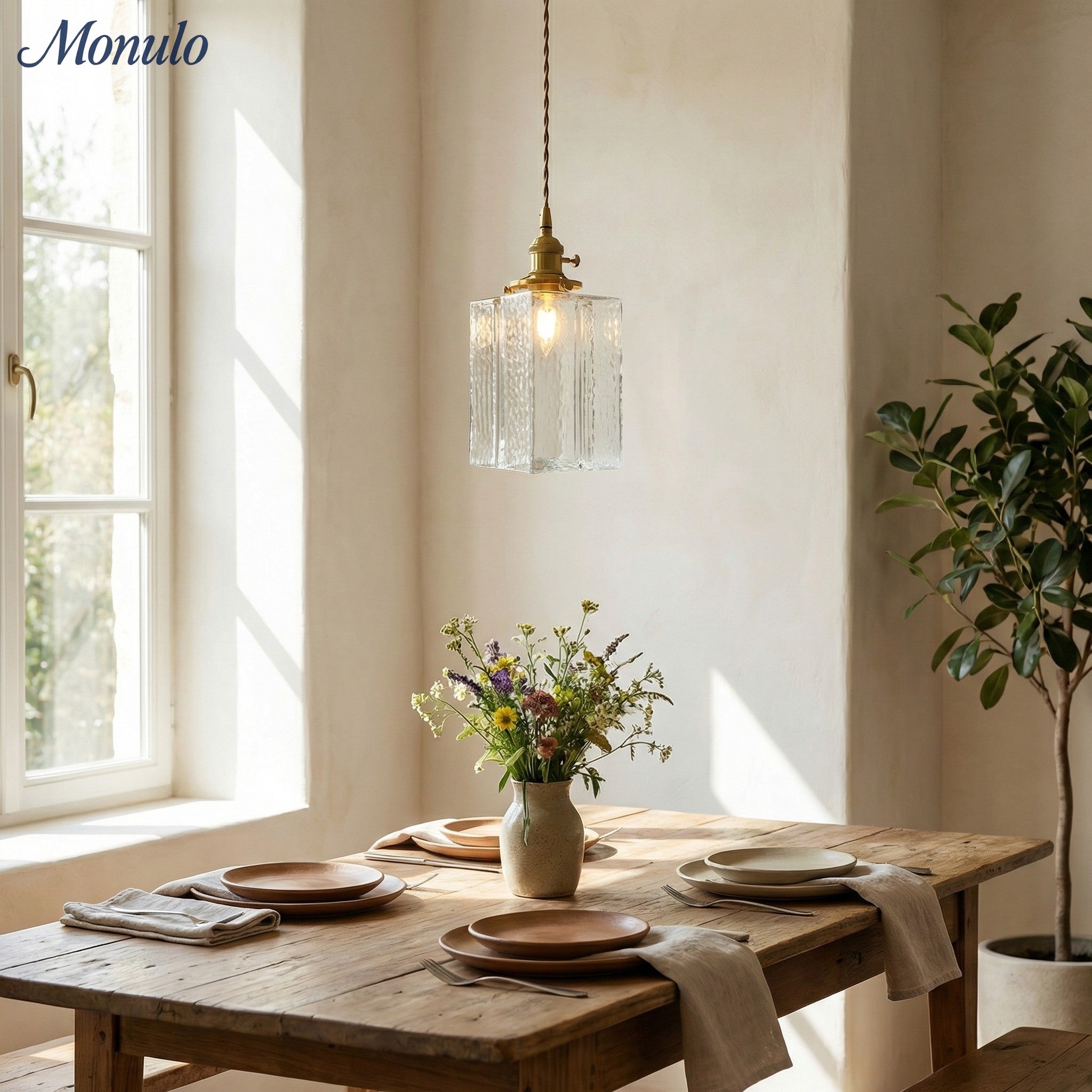 Vintage Pendelleuchte mit welligem Glas & Eisenfassung | Quadratisch/Rechteckig | Skandinavisches Design für Wohnzimmer - Lamylie