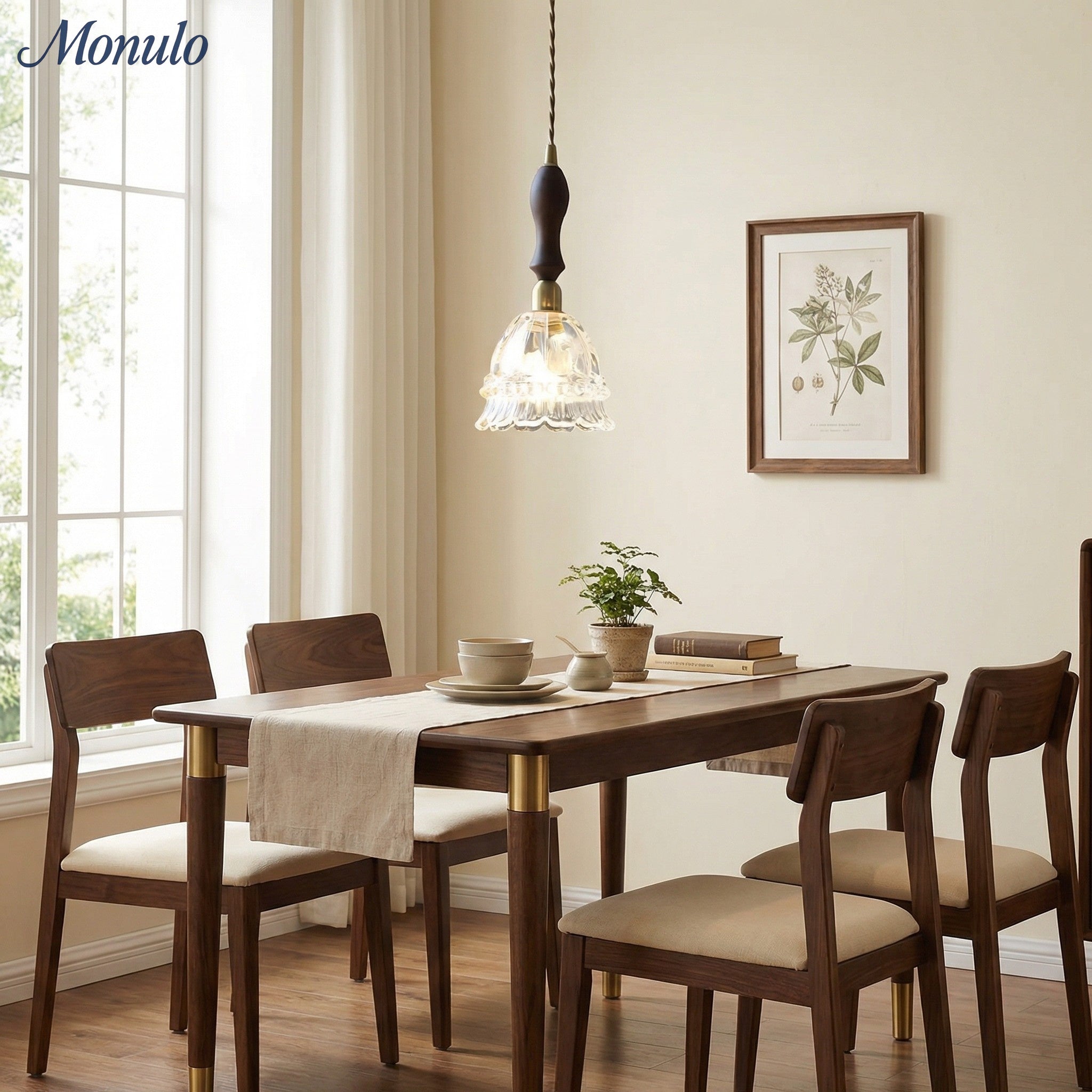 French Country Pendant Lamp Glass Shade Jellyfish Design Transparent or Amber with Walnut Handle Ambient Lighting Dining Room Elegant Ceiling Lamp - Lamylie