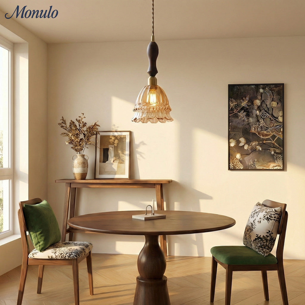 French Country Pendant Lamp Glass Shade Jellyfish Design Transparent or Amber with Walnut Handle Ambient Lighting Dining Room Elegant Ceiling Lamp - Lamylie