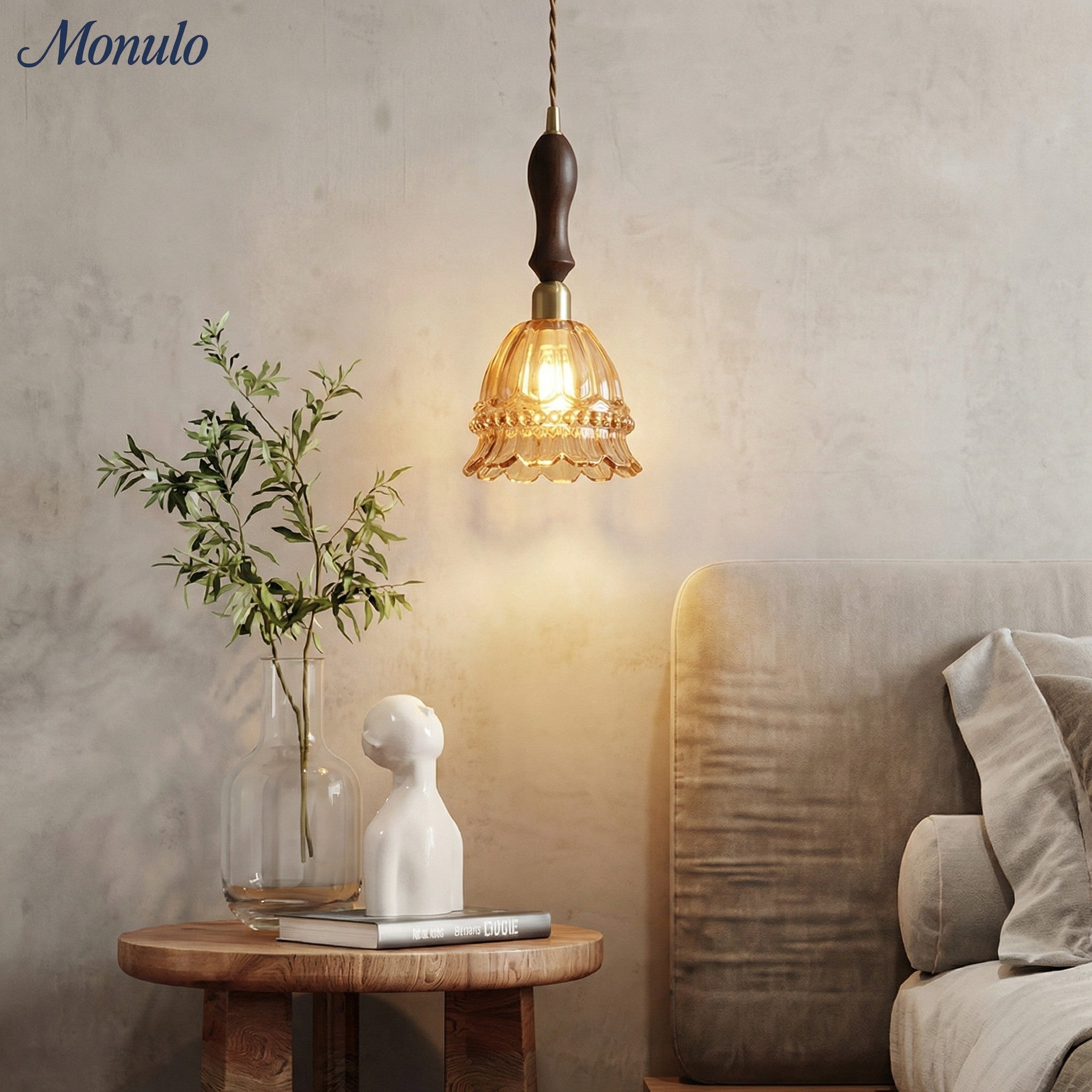 French Country Pendant Lamp Glass Shade Jellyfish Design Transparent or Amber with Walnut Handle Ambient Lighting Dining Room Elegant Ceiling Lamp - Lamylie