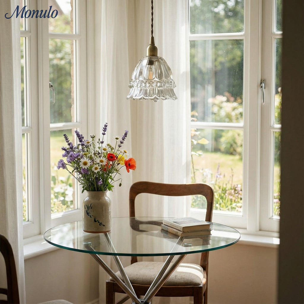 French Country Pendant Lamp Glass Shade Jellyfish Design Transparent or Amber with Walnut Handle Ambient Lighting Dining Room Elegant Ceiling Lamp - Lamylie