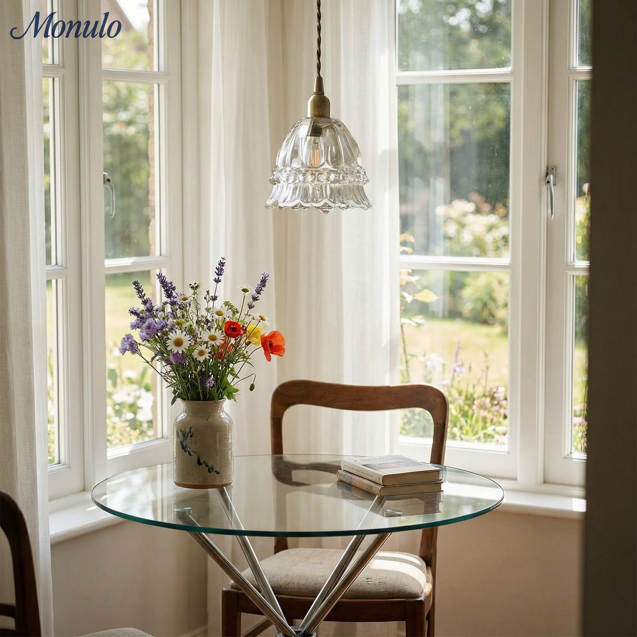 French Country Pendant Lamp Glass Shade Jellyfish Design Transparent or Amber with Walnut Handle Ambient Lighting Dining Room Elegant Ceiling Lamp - Lamylie