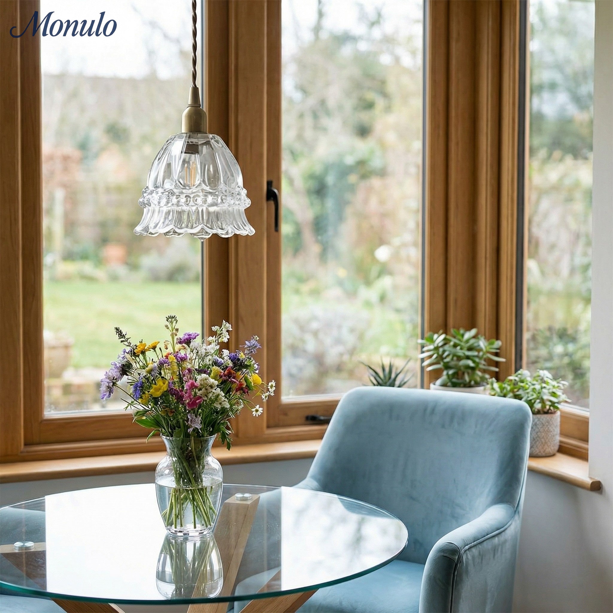 French Country Pendant Lamp Glass Shade Jellyfish Design Transparent or Amber with Walnut Handle Ambient Lighting Dining Room Elegant Ceiling Lamp - Lamylie