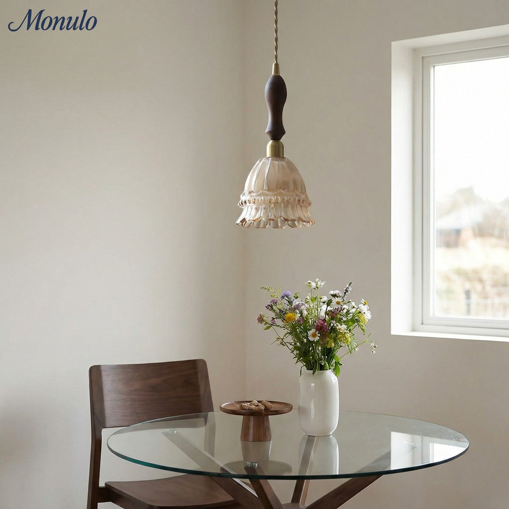 French Country Pendant Lamp Glass Shade Jellyfish Design Transparent or Amber with Walnut Handle Ambient Lighting Dining Room Elegant Ceiling Lamp - Lamylie