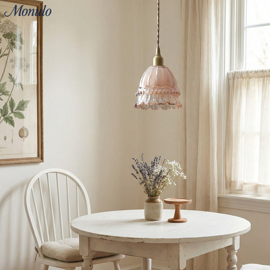 French Country Pendant Lamp Glass Shade Jellyfish Design Transparent or Amber with Walnut Handle Ambient Lighting Dining Room Elegant Ceiling Lamp - Lamylie