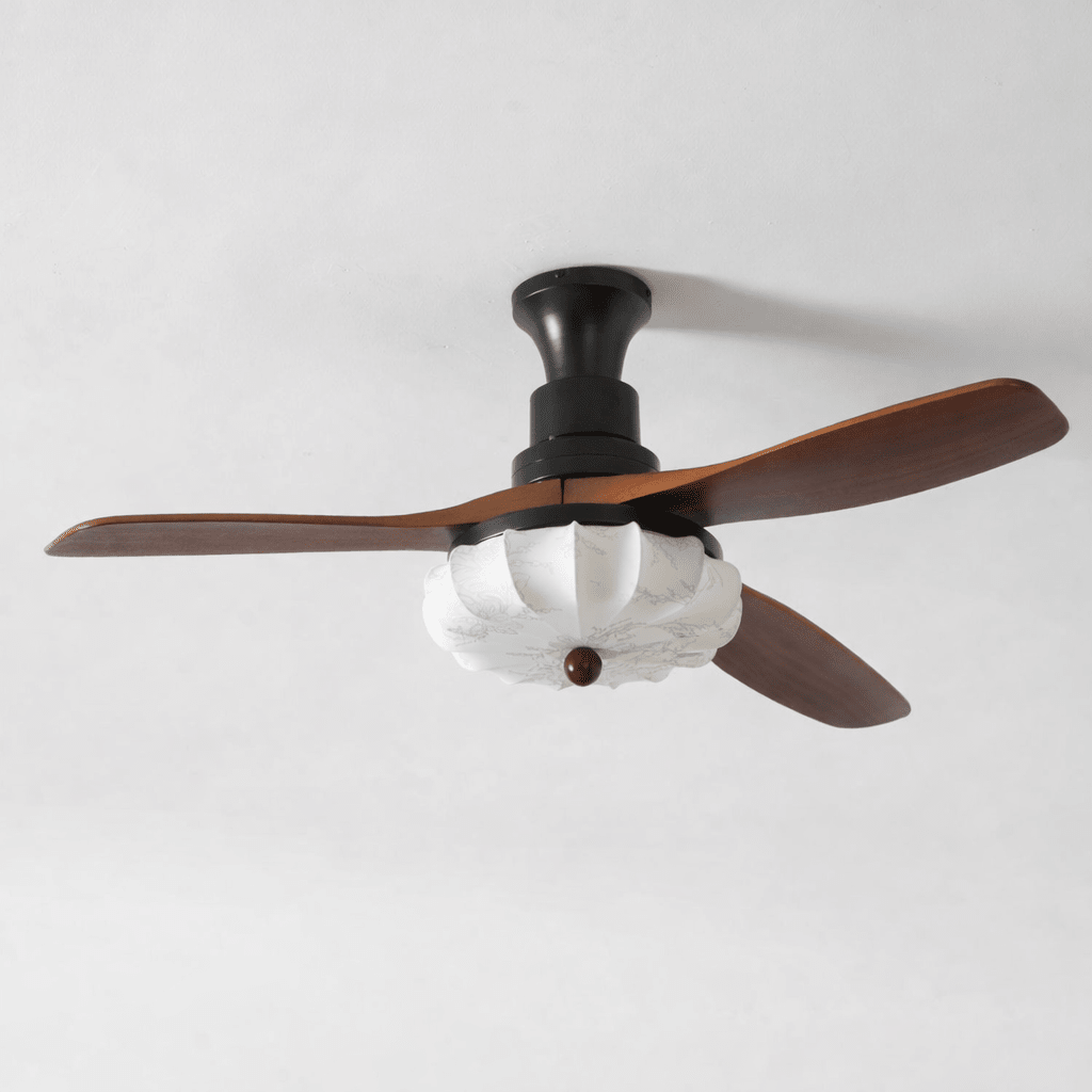 Ventilator de tavan cu iluminare | Motor DC | Abajur din bumbac cu model de lotus | Pale din lemn de nuc | Reglabil și reversibil - Lamylie