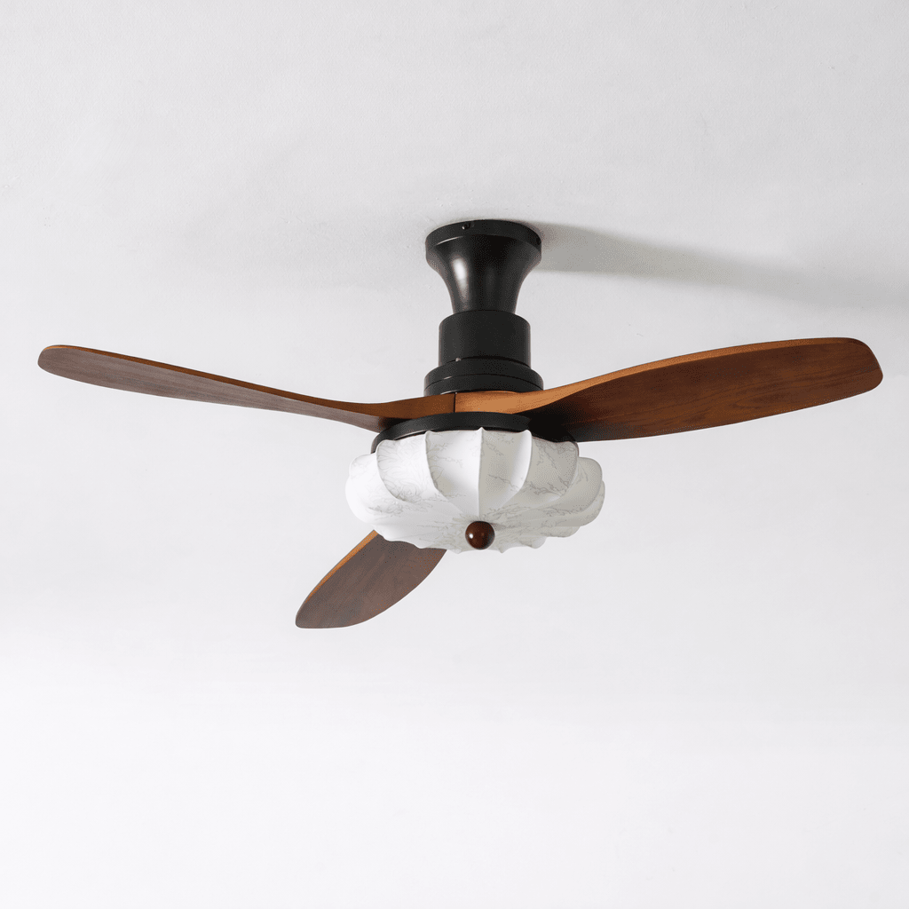 Ventilator de tavan cu iluminare | Motor DC | Abajur din bumbac cu model de lotus | Pale din lemn de nuc | Reglabil și reversibil - Lamylie