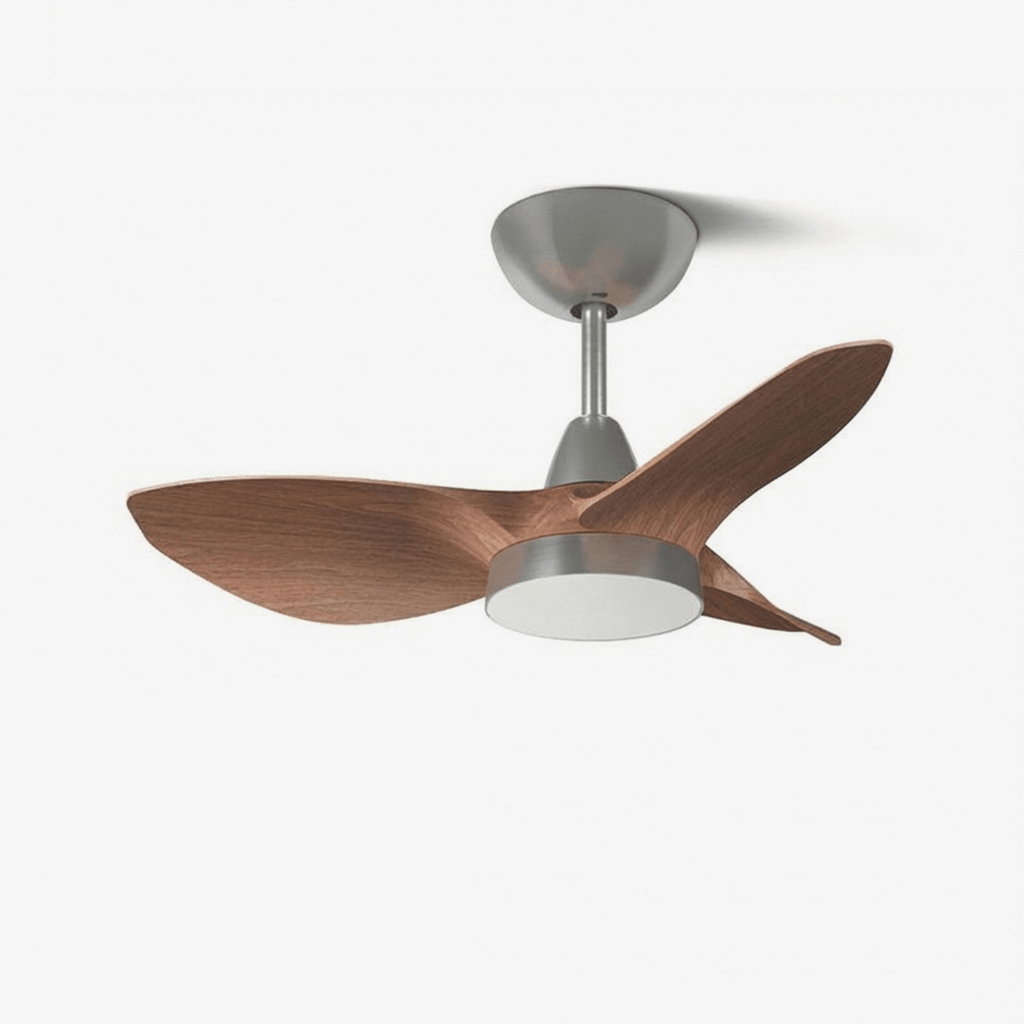 Skandinávský stropní ventilátor s osvětlením | Povrchová úprava v odstínech ořechu a niklu | 6 rychlostí a stmívatelné LED osvětlení – Lamylie