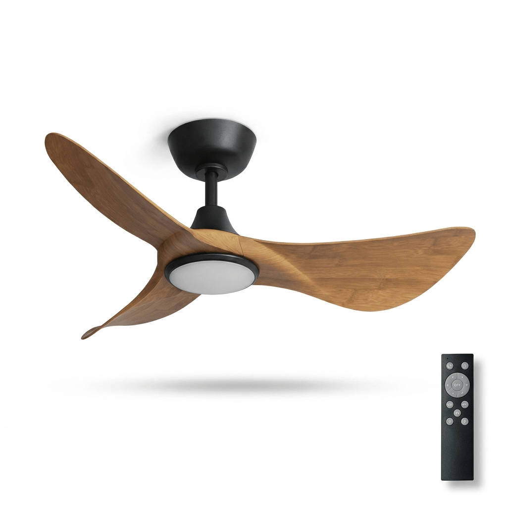 Stropní ventilátor Finn s dřevěným řezbářským dekorem a osvětlením | Ø110 cm, stmívatelné LED, 6 rychlostí | Skandinávský design do obývacího pokoje, ložnice a jídelny | Dálkové ovládání – Lamylie