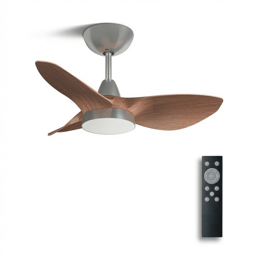 Skandinávský stropní ventilátor s osvětlením | Povrchová úprava v odstínech ořechu a niklu | 6 rychlostí a stmívatelné LED osvětlení – Lamylie