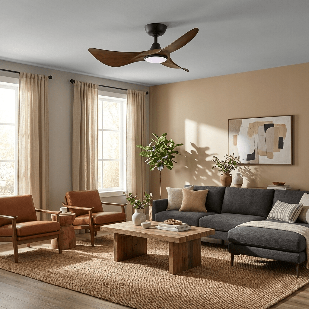 Stropní ventilátor Finn s dřevěným řezbářským dekorem a osvětlením | Ø110 cm, stmívatelné LED, 6 rychlostí | Skandinávský design do obývacího pokoje, ložnice a jídelny | Dálkové ovládání – Lamylie