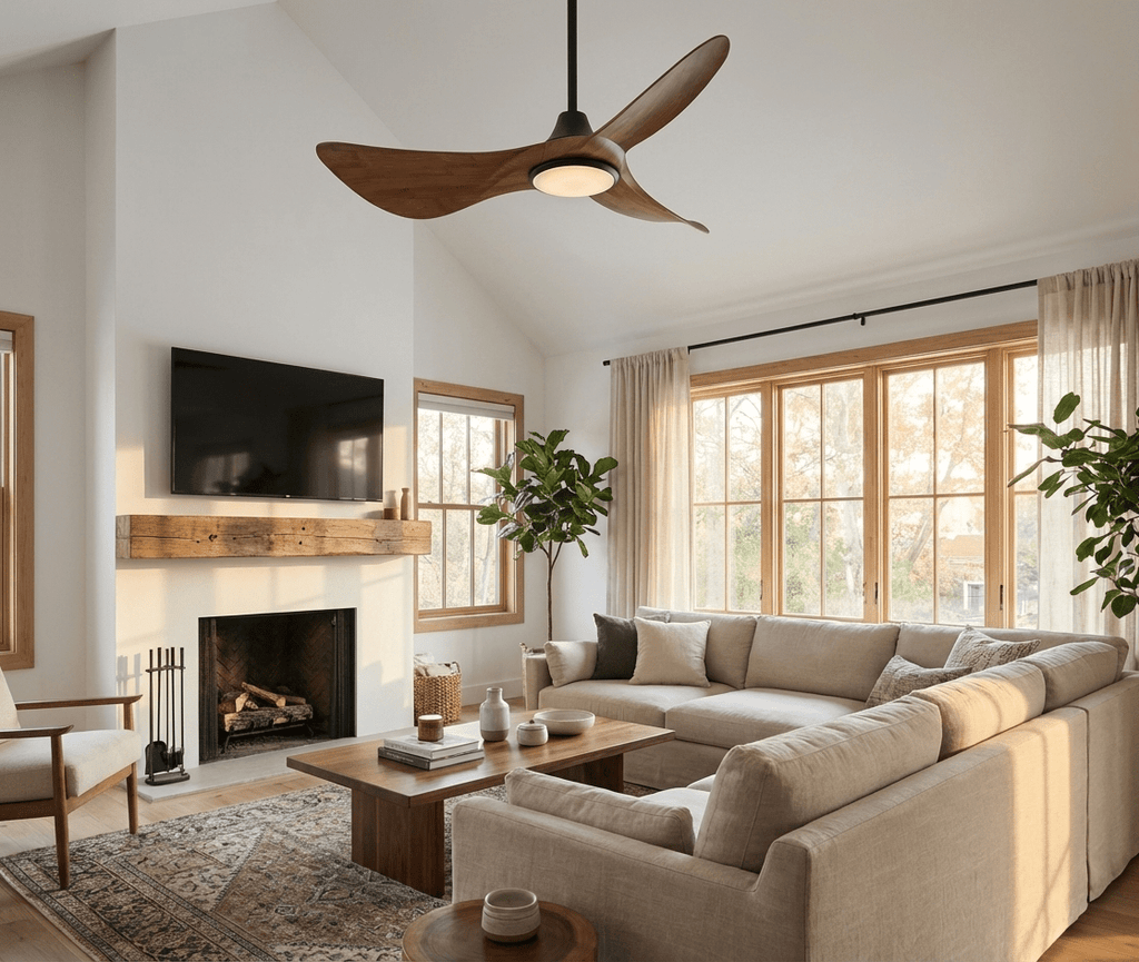 Stropní ventilátor Finn s dřevěným řezbářským dekorem a osvětlením | Ø110 cm, stmívatelné LED, 6 rychlostí | Skandinávský design do obývacího pokoje, ložnice a jídelny | Dálkové ovládání – Lamylie