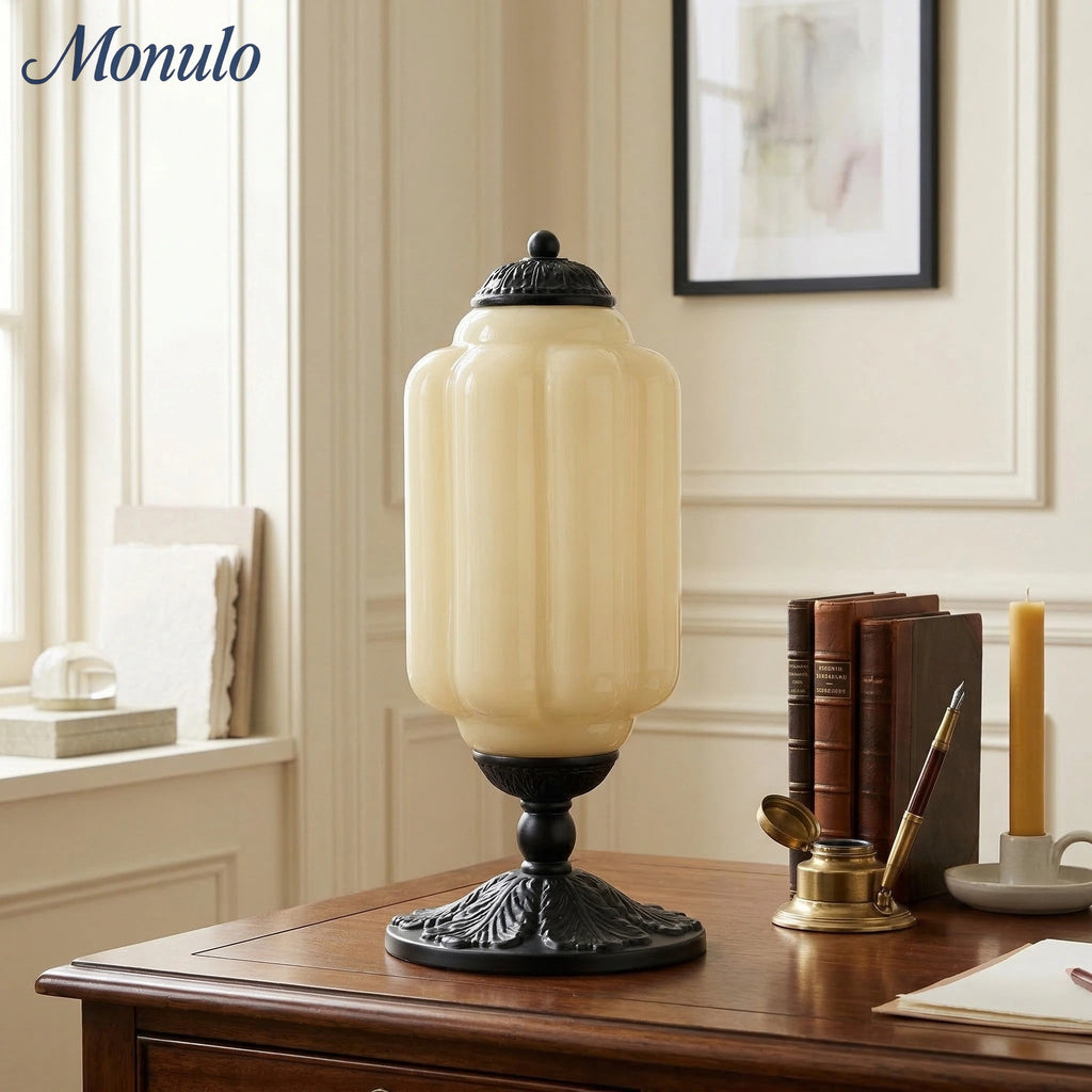 Glass Table Lamp with Scallop Design Vintage Style Bedroom Living Room Accent Lighting Black Brass Frosted Glass - Lamylie