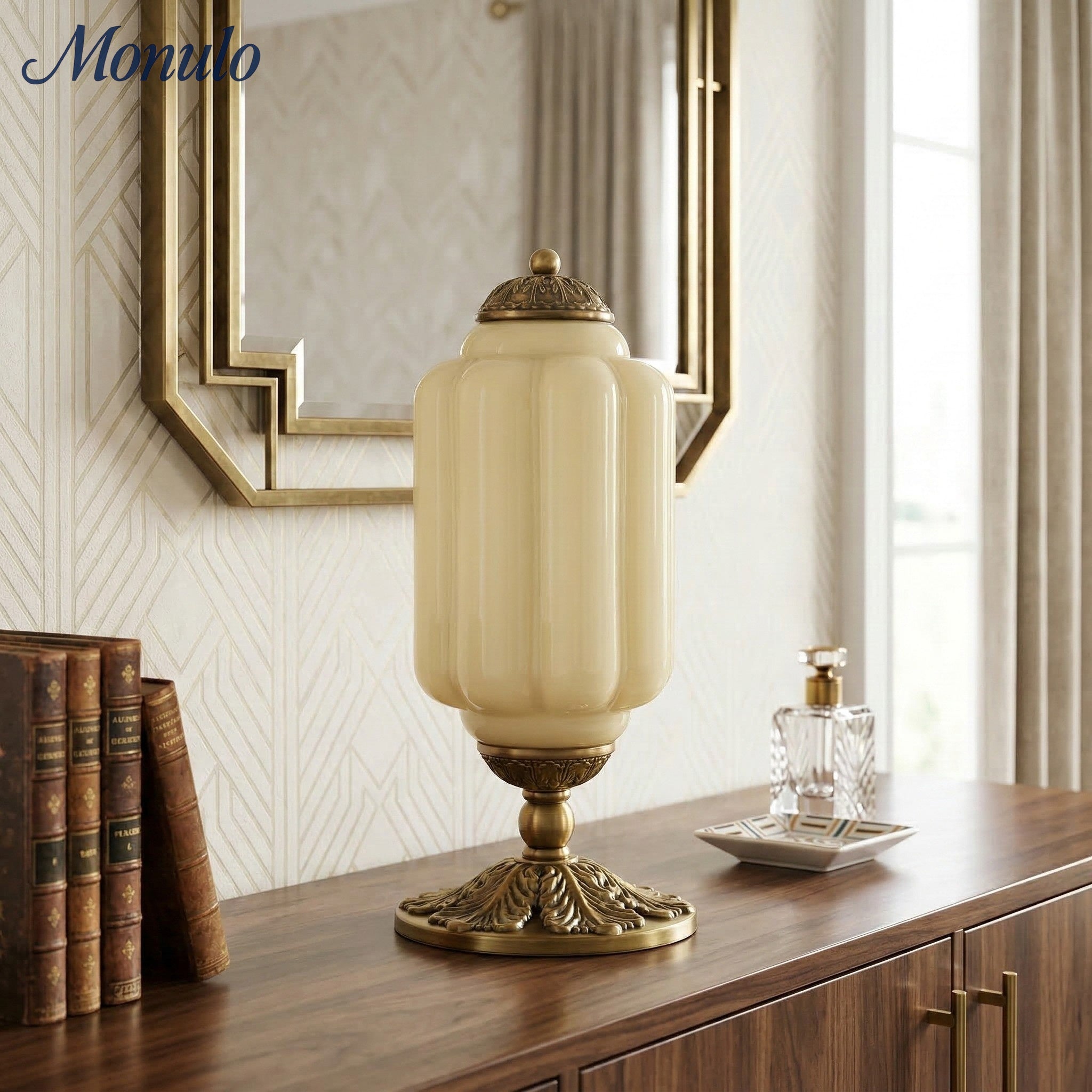 Glass Table Lamp with Scallop Design Vintage Style Bedroom Living Room Accent Lighting Black Brass Frosted Glass - Lamylie