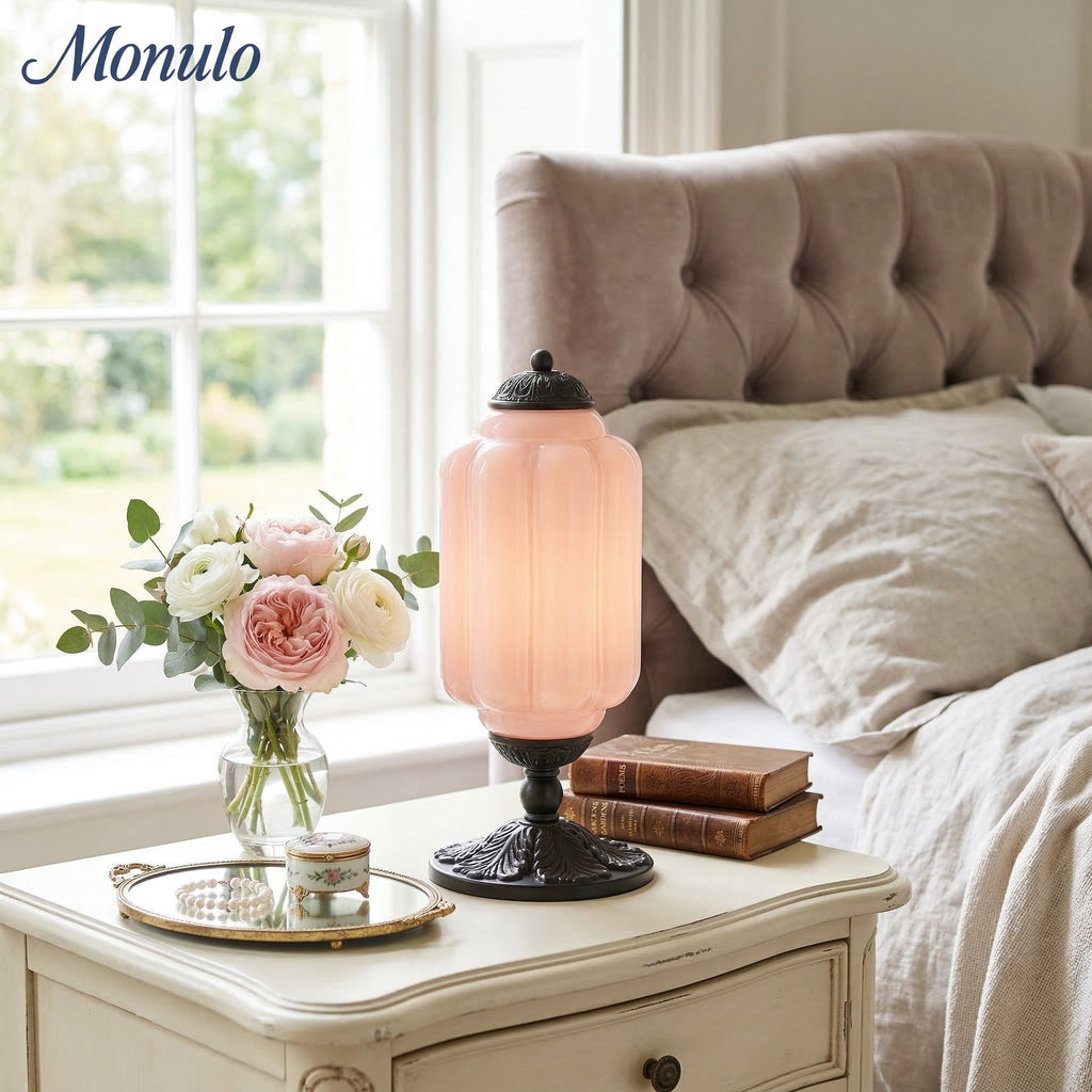 Glass Table Lamp with Scallop Design Vintage Style Bedroom Living Room Accent Lighting Black Brass Frosted Glass - Lamylie