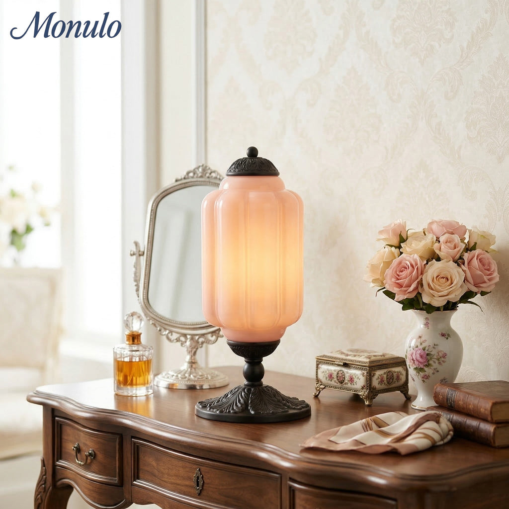 Glass Table Lamp with Scallop Design Vintage Style Bedroom Living Room Accent Lighting Black Brass Frosted Glass - Lamylie