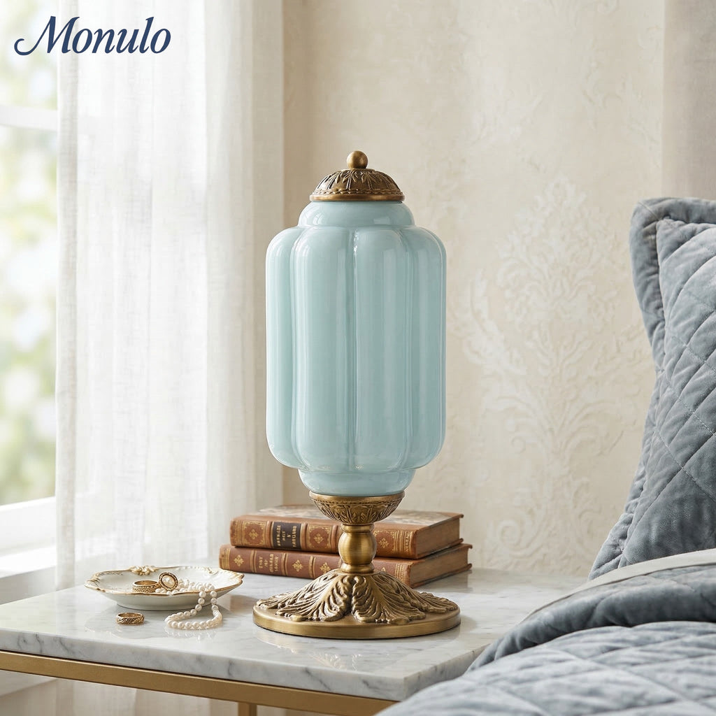 Glass Table Lamp with Scallop Design Vintage Style Bedroom Living Room Accent Lighting Black Brass Frosted Glass - Lamylie