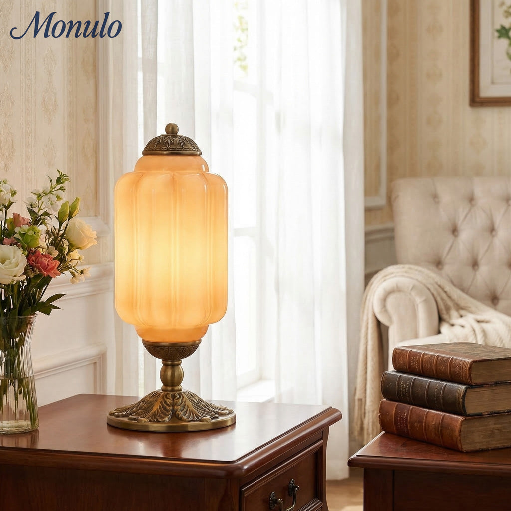 Glass Table Lamp with Scallop Design Vintage Style Bedroom Living Room Accent Lighting Black Brass Frosted Glass - Lamylie
