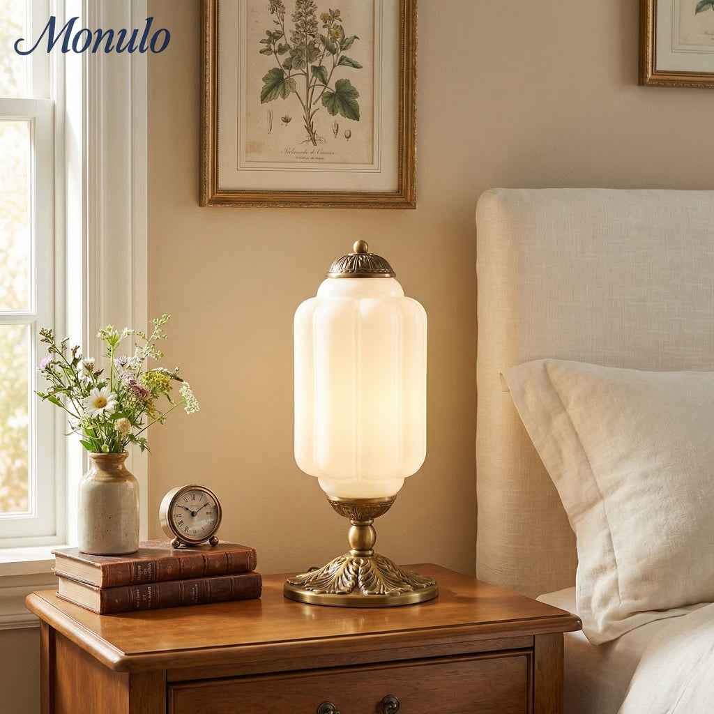 Glass Table Lamp with Scallop Design Vintage Style Bedroom Living Room Accent Lighting Black Brass Frosted Glass - Lamylie