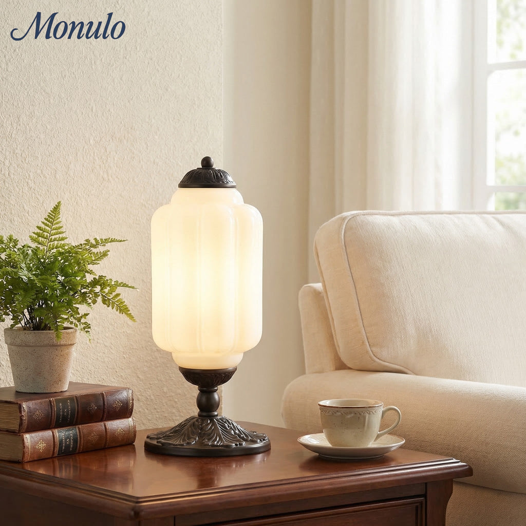 Glass Table Lamp with Scallop Design Vintage Style Bedroom Living Room Accent Lighting Black Brass Frosted Glass - Lamylie