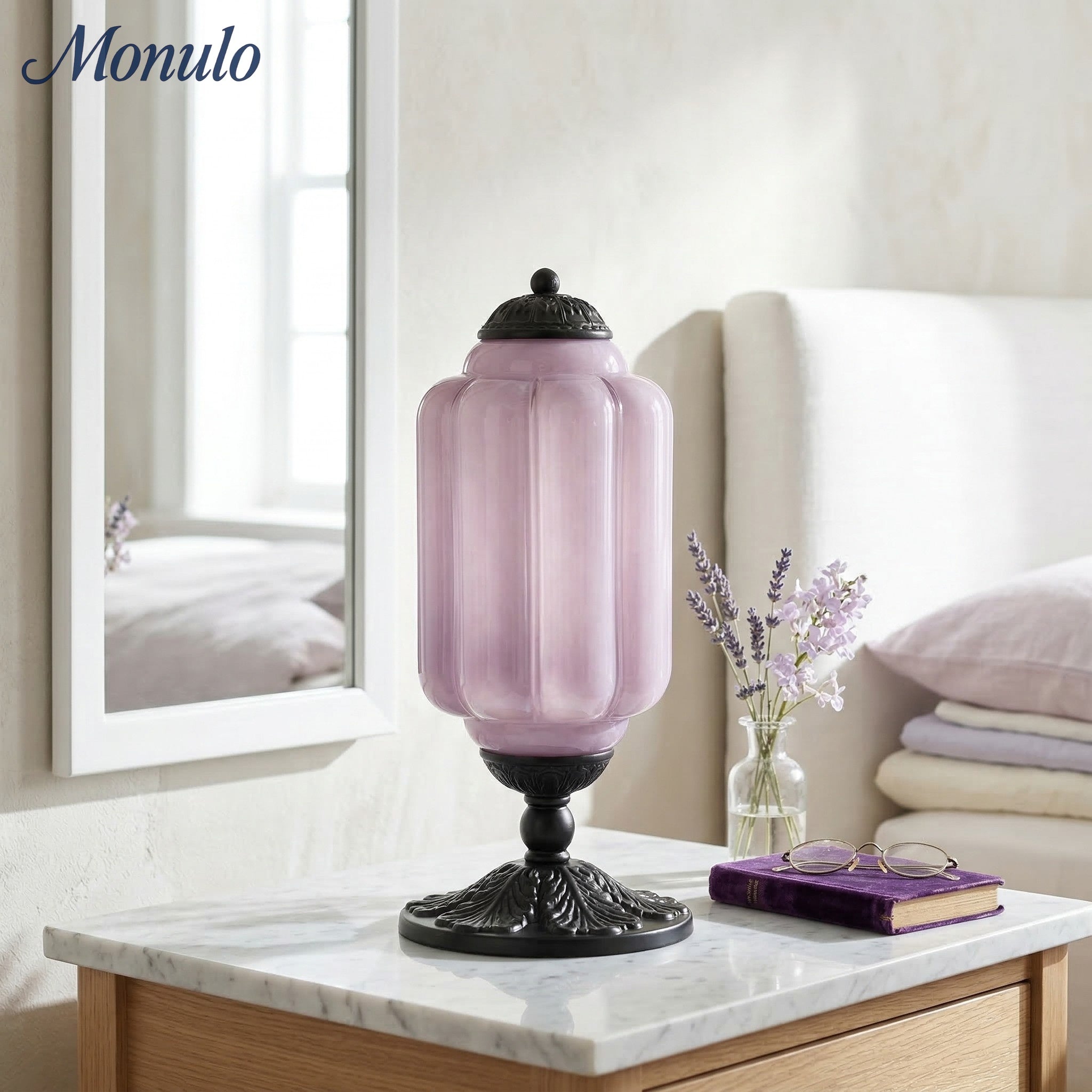 Glass Table Lamp with Scallop Design Vintage Style Bedroom Living Room Accent Lighting Black Brass Frosted Glass - Lamylie