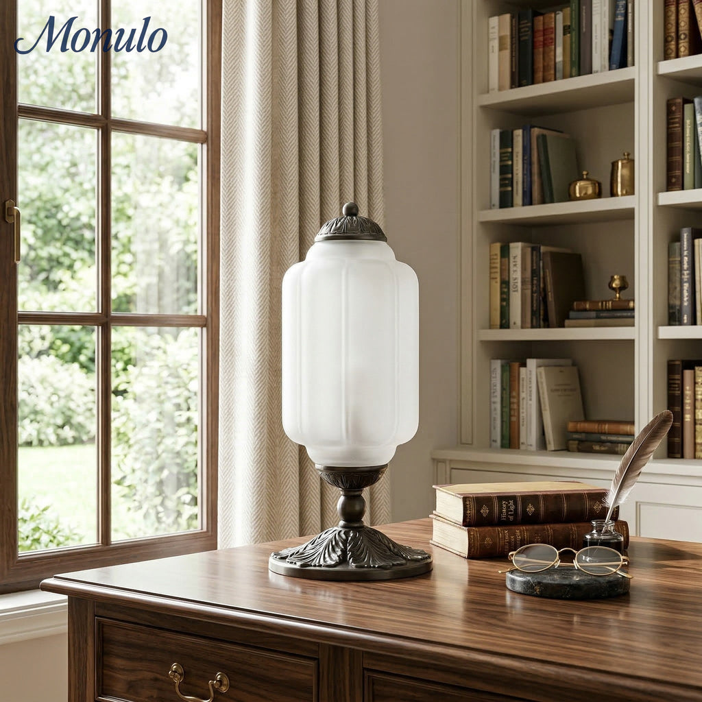 Glass Table Lamp with Scallop Design Vintage Style Bedroom Living Room Accent Lighting Black Brass Frosted Glass - Lamylie