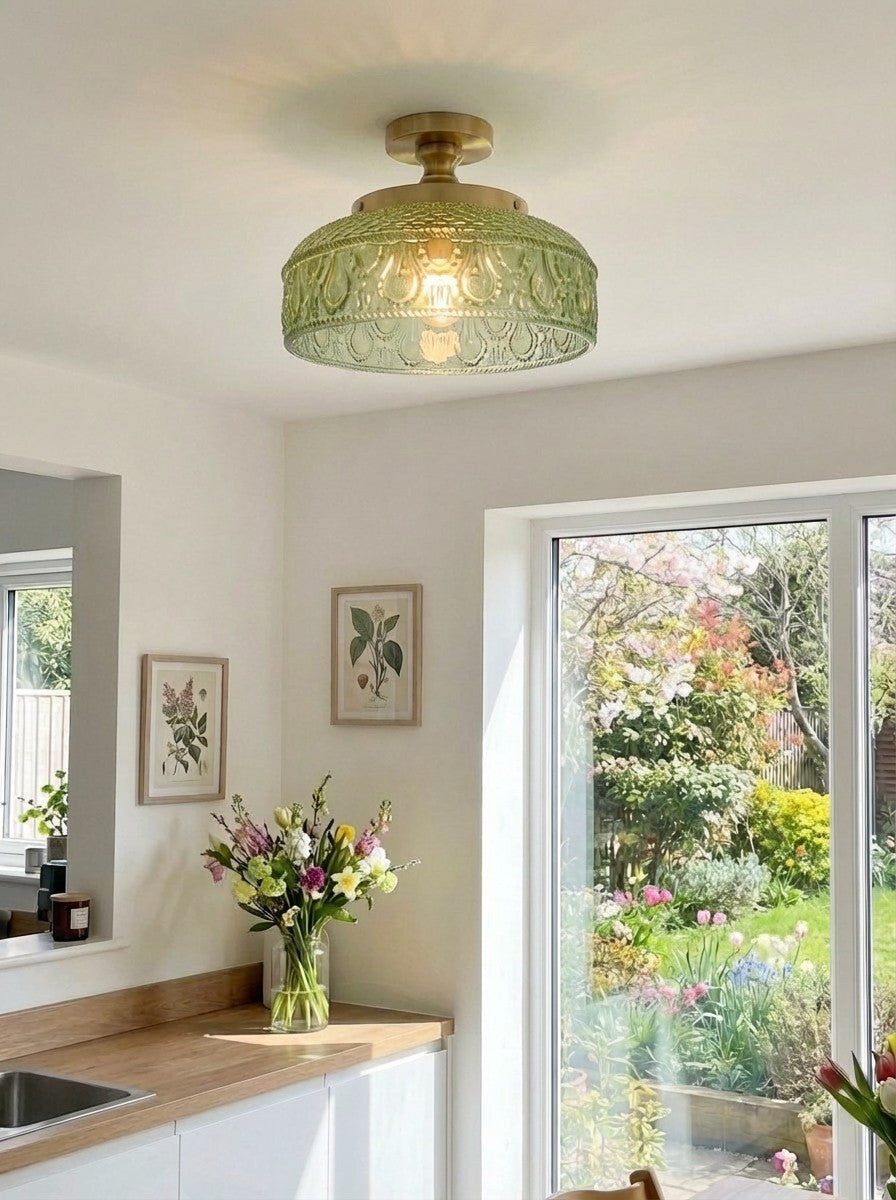 Ribbed Glass Ceiling Lamp with Metal Fixture | Minimalist Lighting for Bedroom and Hallway - Lamylie
