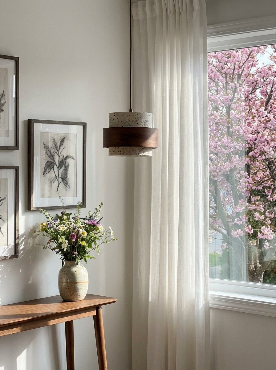 Holzpendelleuchte mit Travertin-Finish | Organische Lichtquelle für Esszimmer und Wohnzimmer - Lamylie