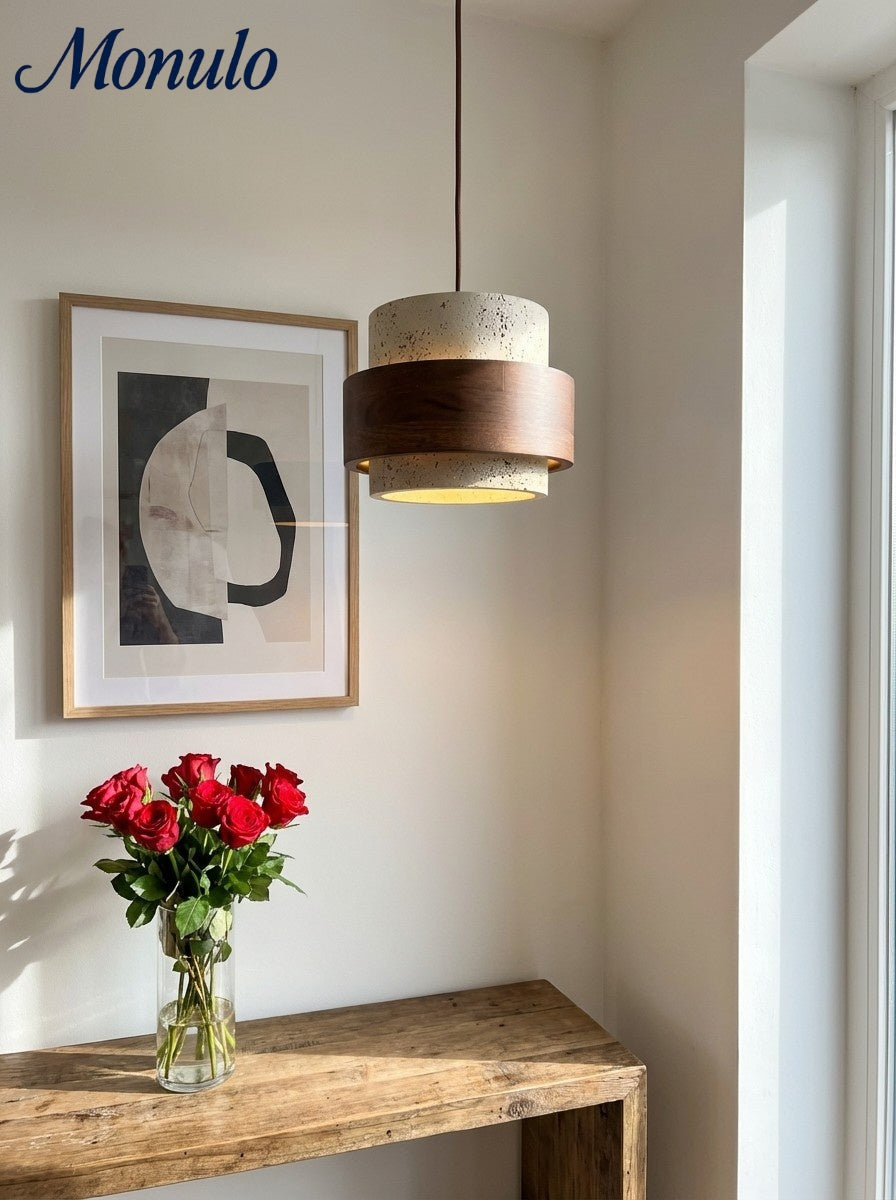 Holzpendelleuchte mit Travertin-Finish | Organische Lichtquelle für Esszimmer und Wohnzimmer - Lamylie