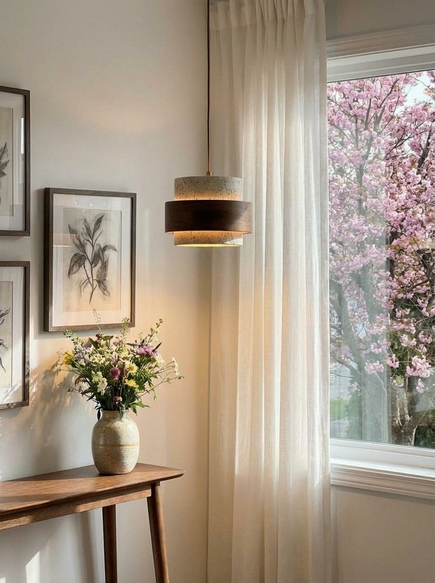 Holzpendelleuchte mit Travertin-Finish | Organische Lichtquelle für Esszimmer und Wohnzimmer - Lamylie