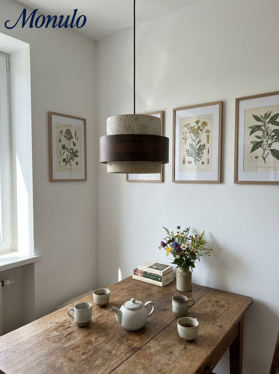 Holzpendelleuchte mit Travertin-Finish | Organische Lichtquelle für Esszimmer und Wohnzimmer - Lamylie