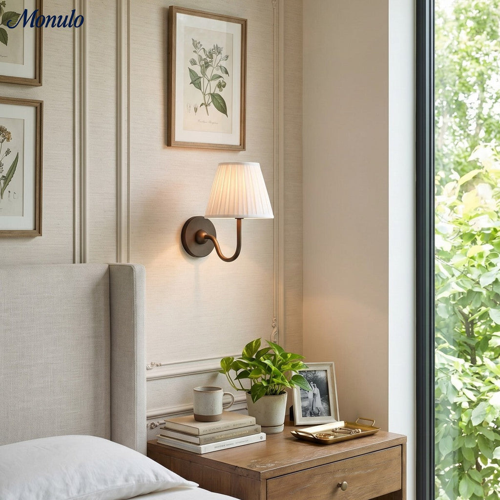 Wall Lamp with Pleated Fabric Shade | Classic Lighting for Bedroom and Living Room - Lamylie
