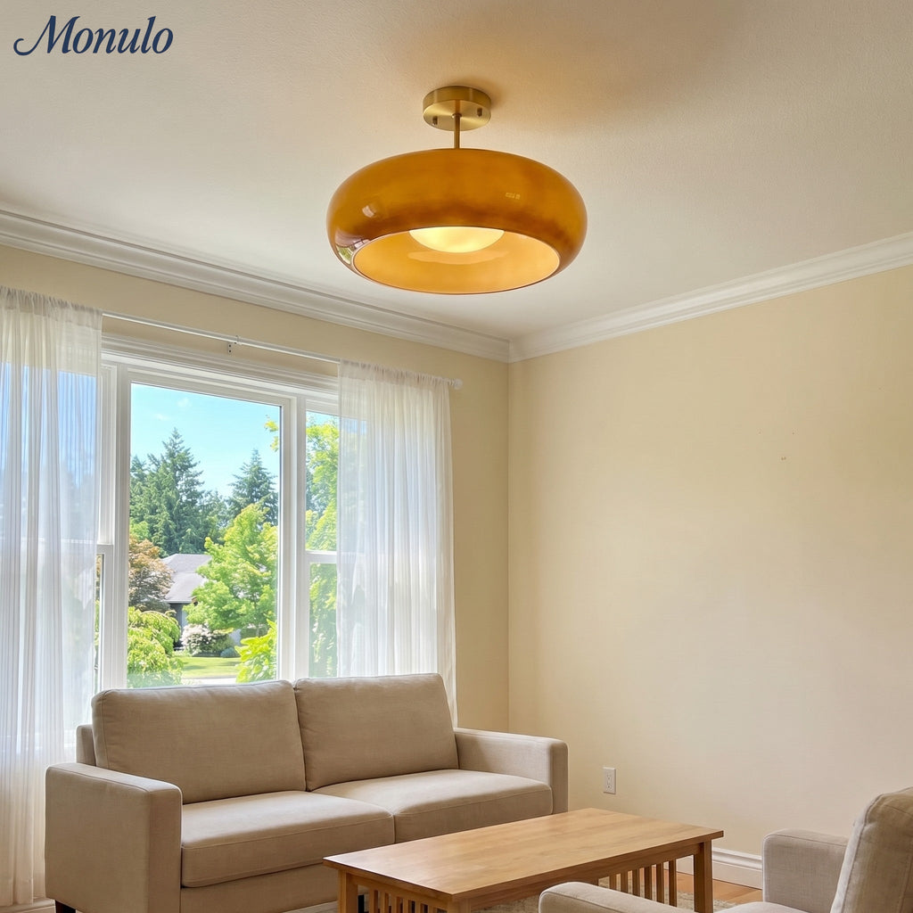 Ceiling Lamp Glass Disc Bauhaus Design Brass or Chrome Orange Yellow or White Glass Retro Stylish Lighting - Lamylie