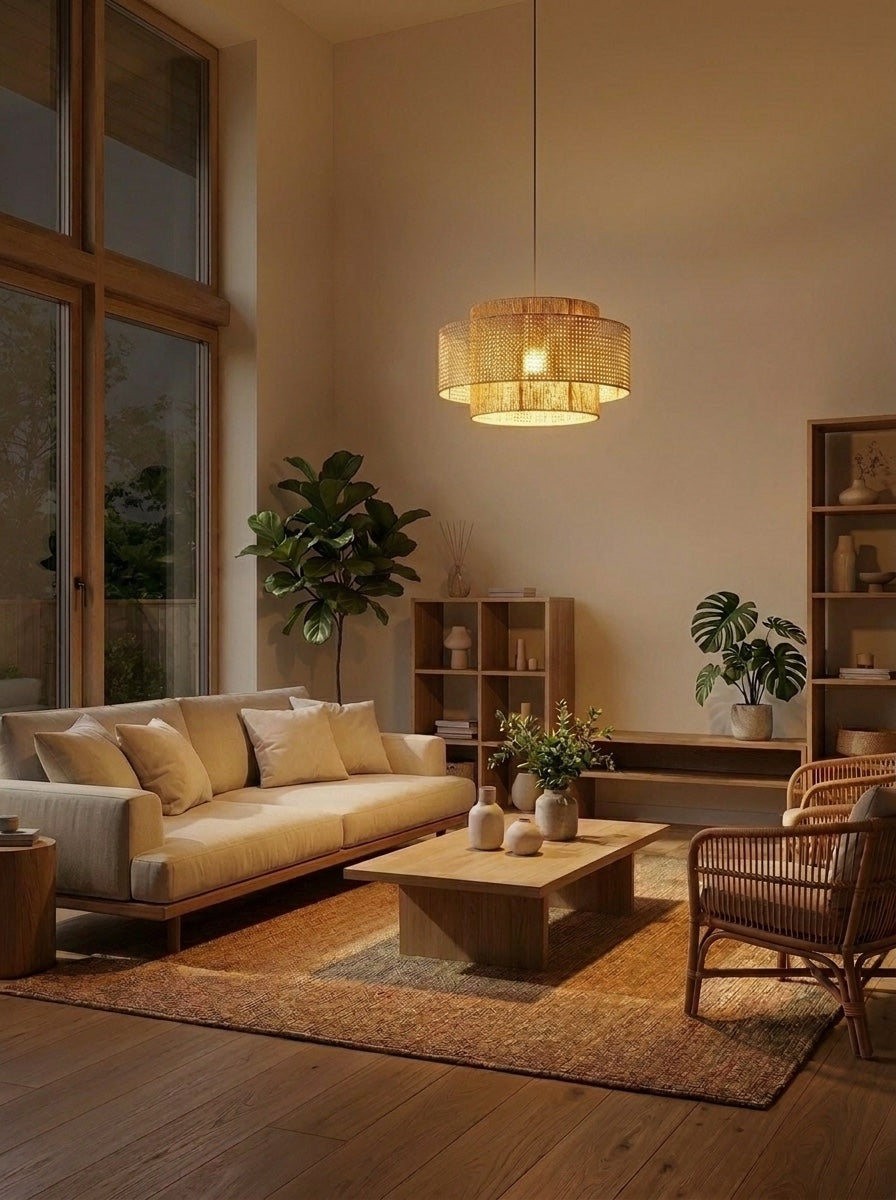Handwoven Hemp Pendant Lamp in Zen Style | Natural Rattan Drum Lamp for Rustic Atmosphere - Lamylie