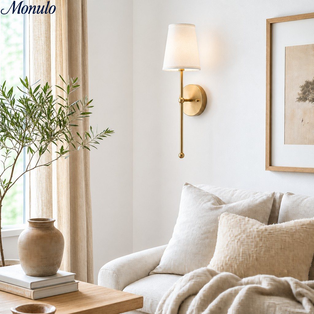 Rowan Wall Lamp Brass Fabric Shade Scandinavian Living Room Bedroom Lighting 15x53cm - Lamylie