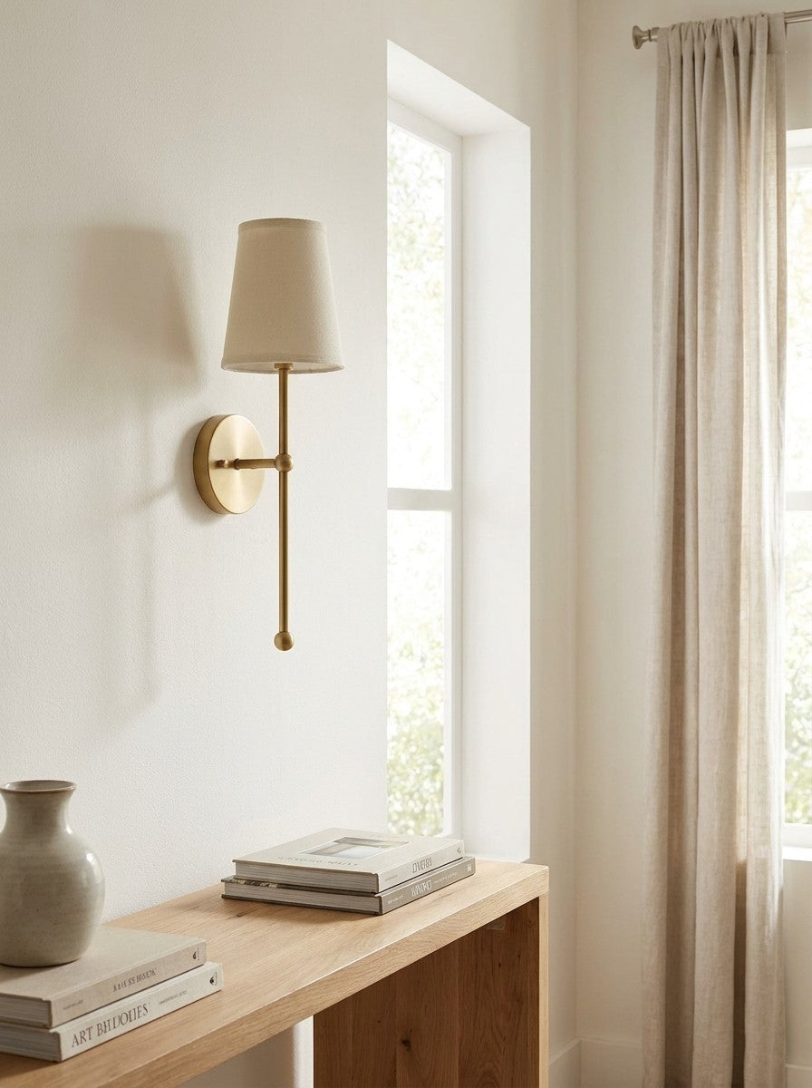 Rowan Wall Lamp Brass Fabric Shade Scandinavian Living Room Bedroom Lighting 15x53cm - Lamylie