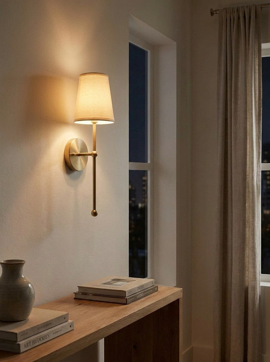 Rowan Wall Lamp Brass Fabric Shade Scandinavian Living Room Bedroom Lighting 15x53cm - Lamylie