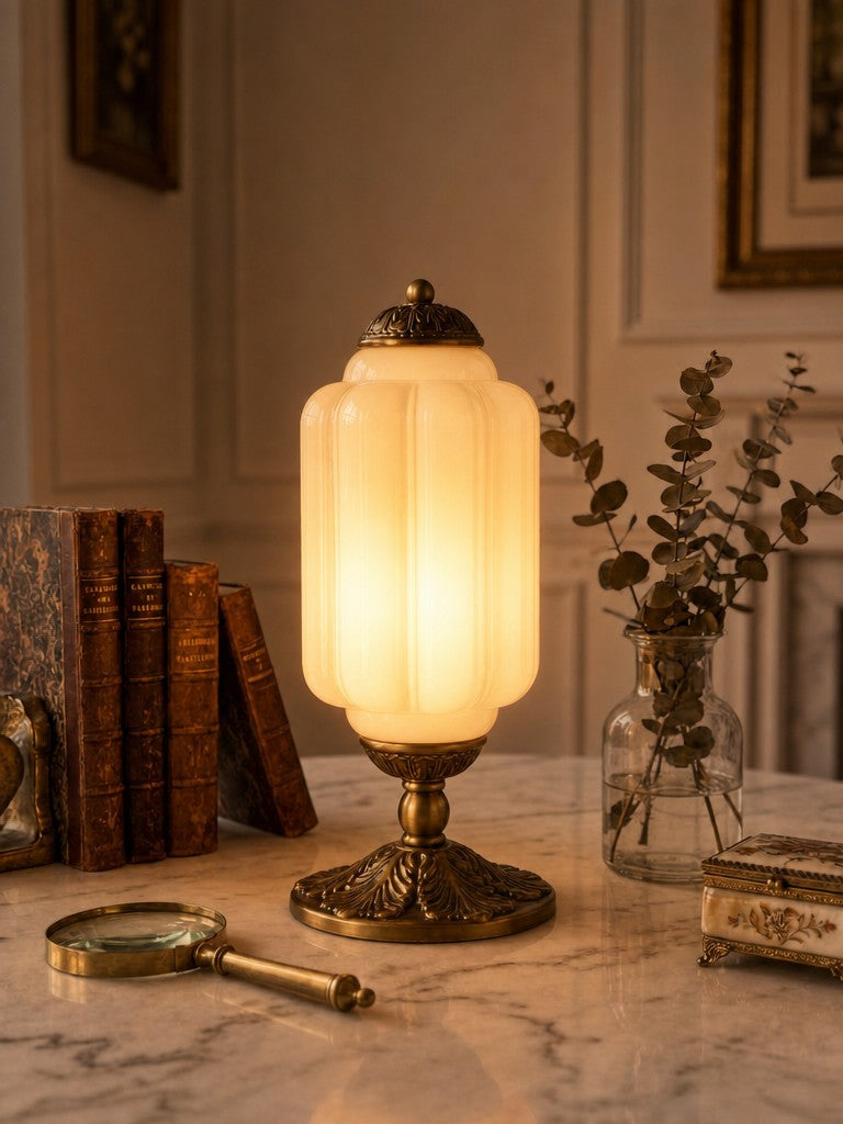 Glass Table Lamp with Scallop Design Vintage Style Bedroom Living Room Accent Lighting Black Brass Frosted Glass - Lamylie