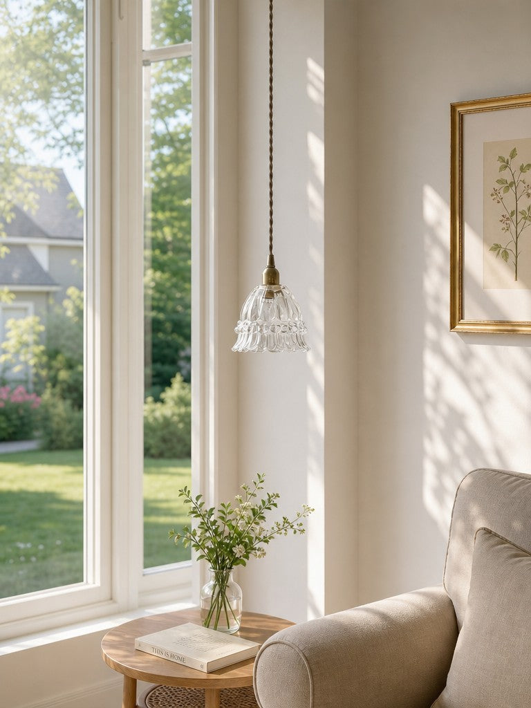 French Country Pendant Lamp Glass Shade Jellyfish Design Transparent or Amber with Walnut Handle Ambient Lighting Dining Room Elegant Ceiling Lamp - Lamylie