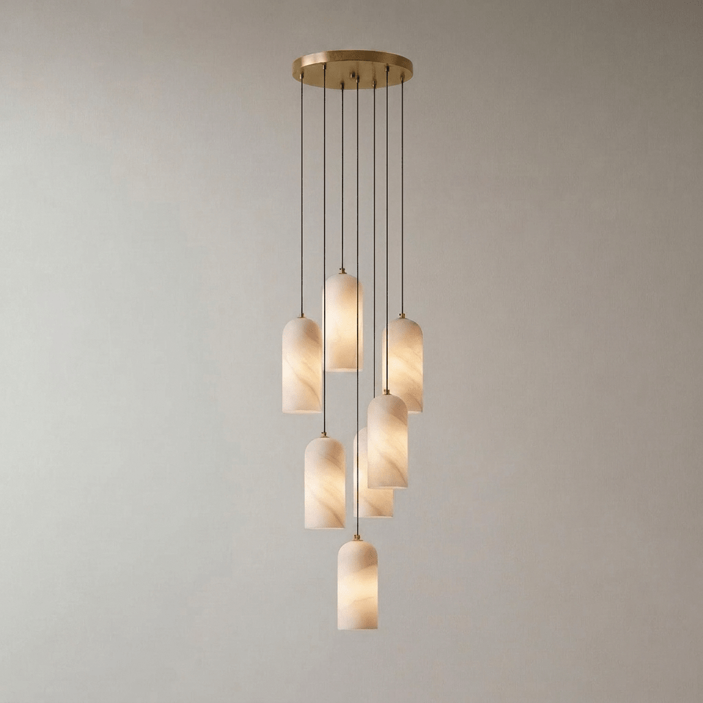 Alabaster Pendant Lamp with Braided Cord | Natural Stone Lighting from Single Light to 21-Light Cluster | Mid-Century Modern Style Dining Room Pendant Lamp with E12/E14 Fitting - Lamylie