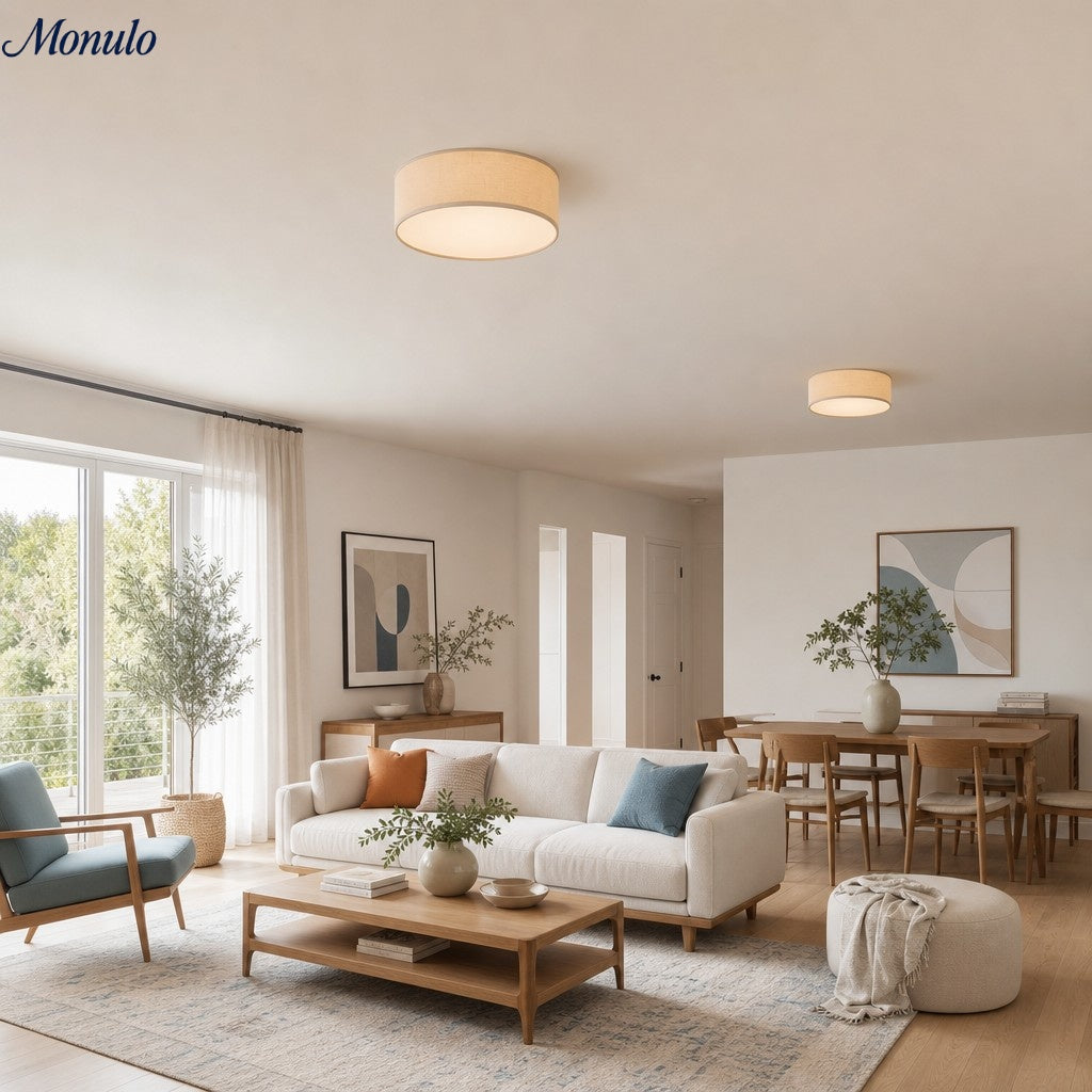Ceiling Lamp with Linen Shade | Drum Shape Ø30/45cm | Modern Scandinavian Design | Elegant Lighting for Living Room Bedroom Dining Room - Lamylie