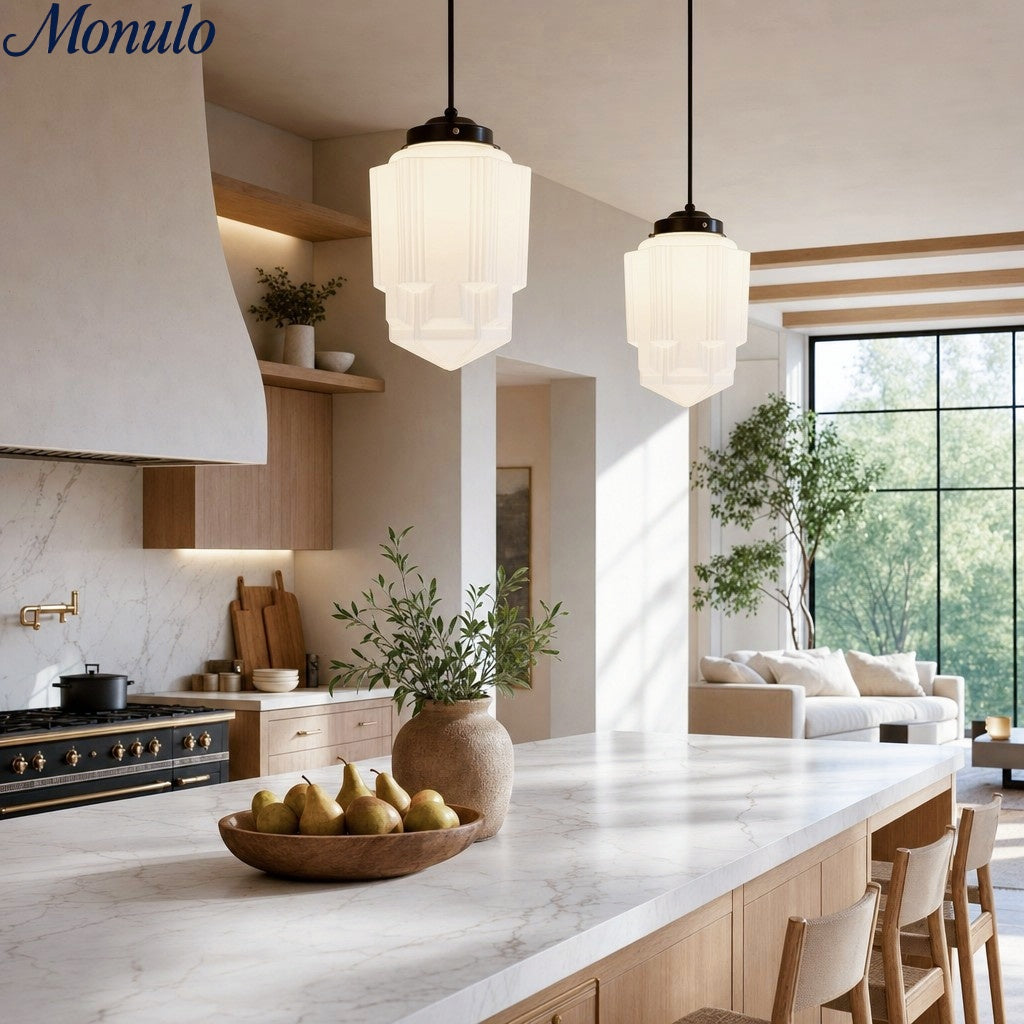 Vintage Art Deco Milk Glass Pendant Lamp with Striped Shade for Dining Room and Living Area - Lamylie