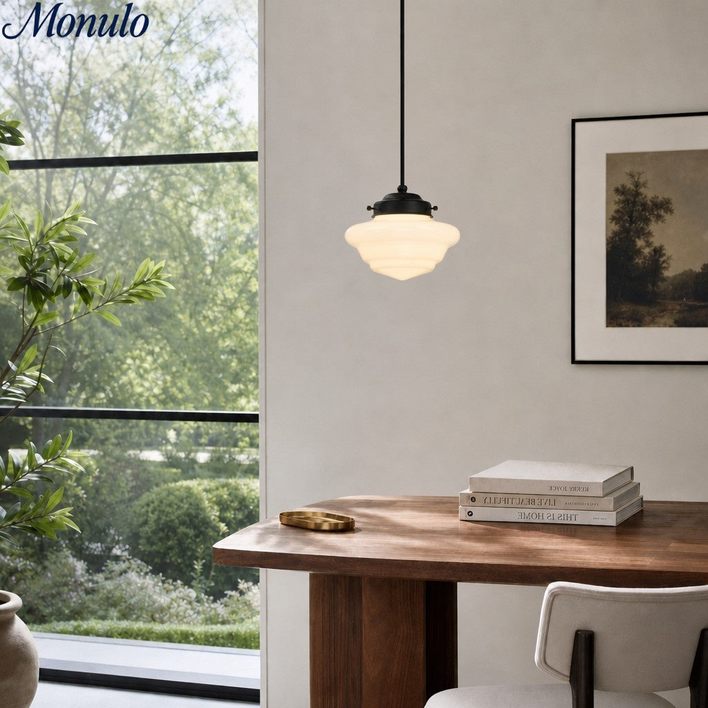 Vintage Art Deco Milk Glass Pendant Lamp with Striped Shade for Dining Room and Living Area - Lamylie