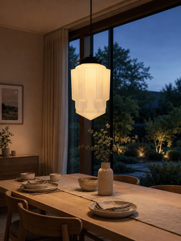Vintage Art Deco Milk Glass Pendant Lamp with Striped Shade for Dining Room and Living Area - Lamylie