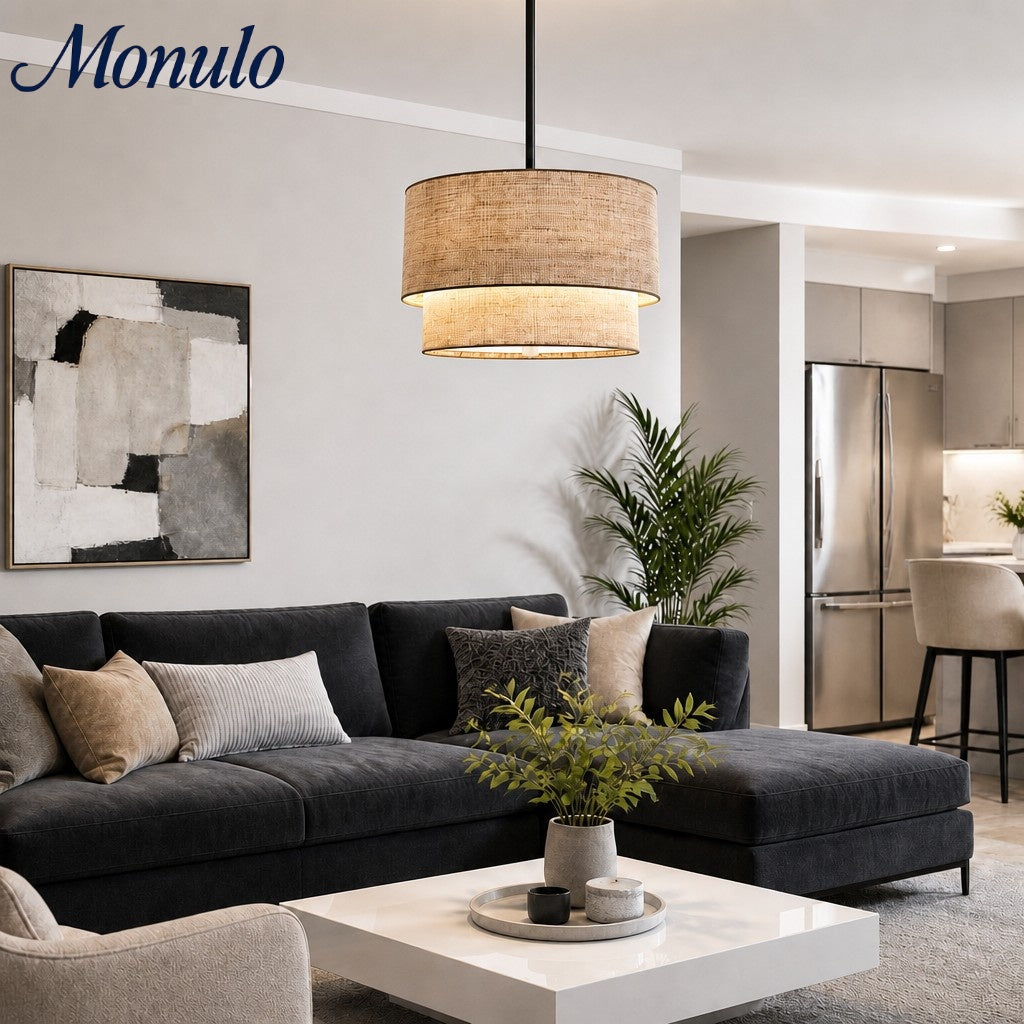 Doppelte Stoff-Trommelpendelleuchte | Moderne Schichtschirm-Deckenlampe für Esszimmer und Wohnzimmer - Lamylie