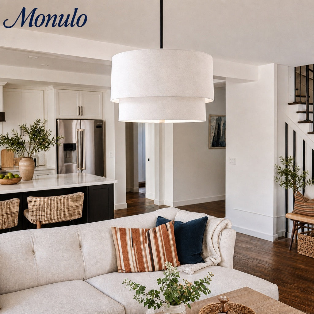 Doppelte Stoff-Trommelpendelleuchte | Moderne Schichtschirm-Deckenlampe für Esszimmer und Wohnzimmer - Lamylie