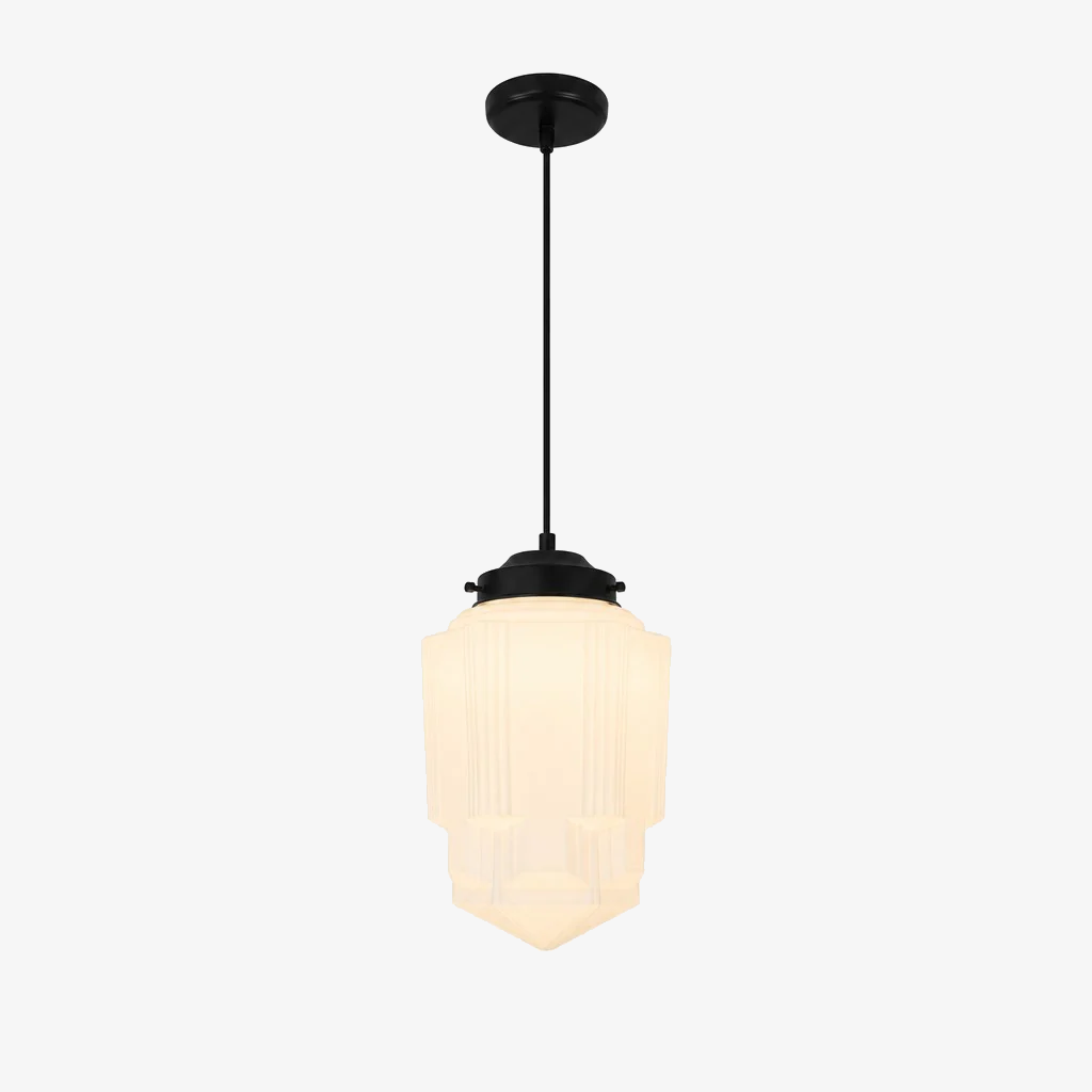 Vintage Art Deco Milchglas-Pendelleuchte mit gestreiftem Schirm für Esszimmer und Wohnbereich - Lamylie